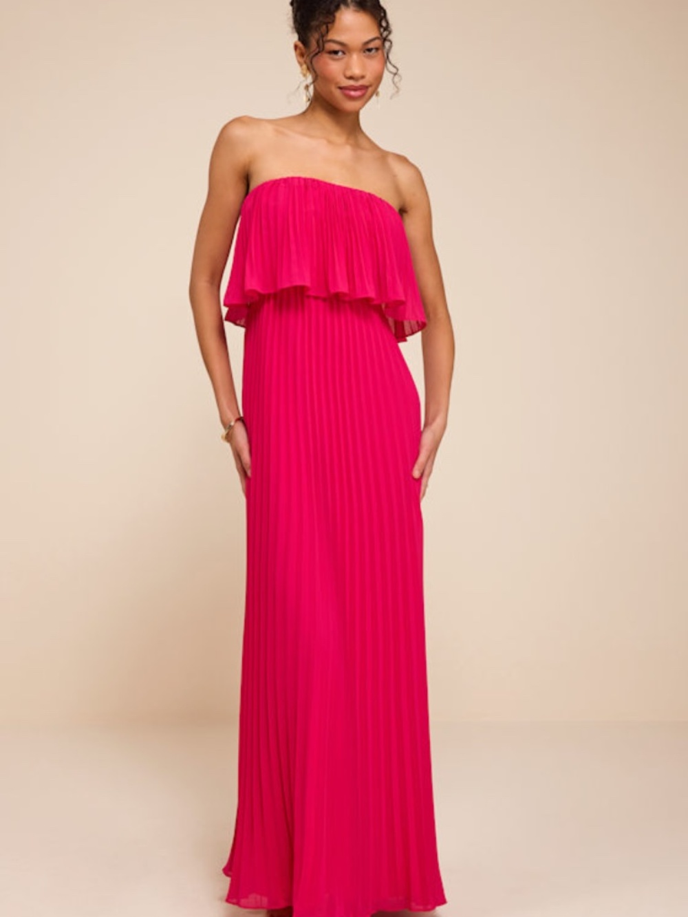 Lulus Arietta Hot Pink Pleated Strapless Maxi Dress - Size L